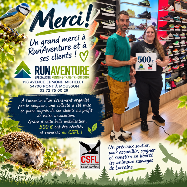 Carte de remerciement à RunAventure de Pont-à-Mousson et à ses clients pour les 500 € collectés au profit du CSFL, avec la photo de deux personnes.